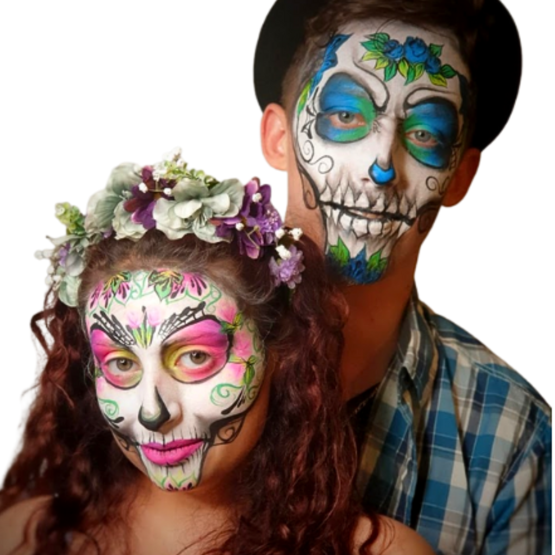 איפור פנים גולגולת בסגנון יום המתים לגבר ולאישה – ציורי פנים אמנותיים לפורים ולאירועים