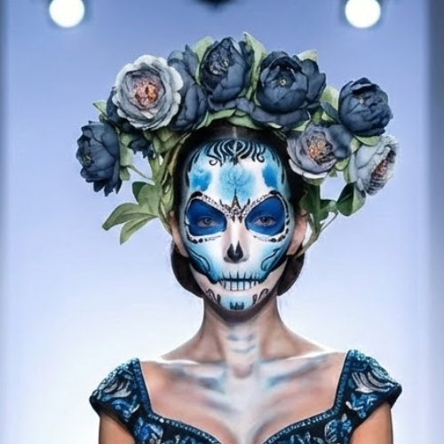 ציור פנים גולגולת בסגנון יום המתים עם פרחים כחולים על הראש – איפור פנים אמנותי בסגנון פנטזיה