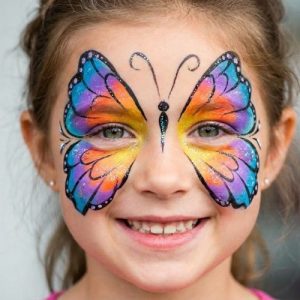 ילדה עם ציור פנים פרפר הדרכה של ציור סימטרי